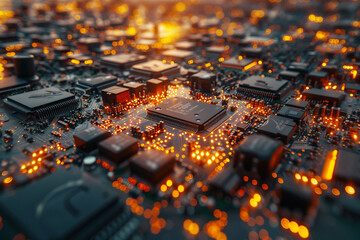 A montage of discarded electronic devices being dismantled for recycling, highlighting e-waste management.Closeup of computer chip on motherboard with urban design and heat mapping