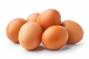 Fresh brown eggs stacked together on a white background, showcasing natural organic farm produce. Suitable for cooking, baking, and nutritious meals.