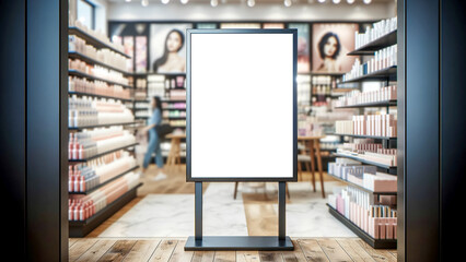mockup of a vertical poster billboard in front of a blurred cosmetic shop background.