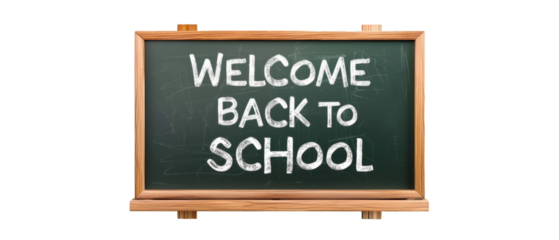 Education concept with text " Welcome back to School " on rustic wooden frame chalkboard / blackboard, isolated on transparent background png