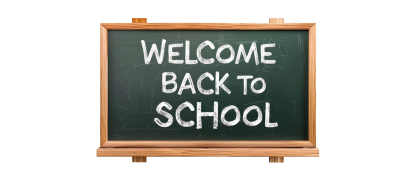 Education concept with text " Welcome back to School " on rustic wooden frame chalkboard / blackboard, isolated on transparent background png