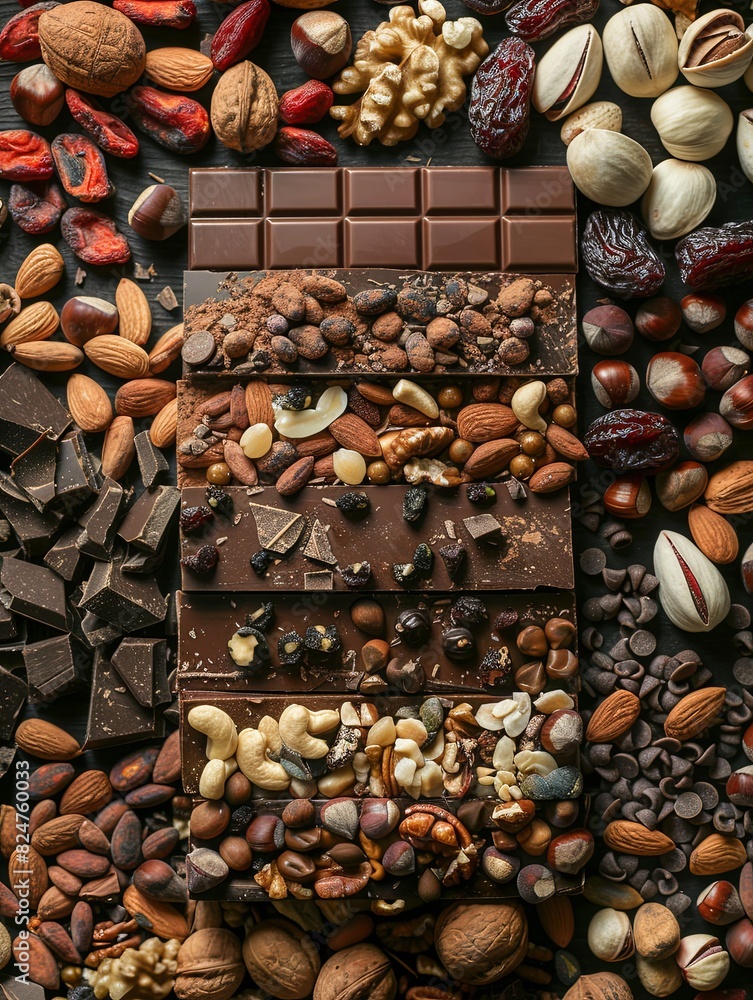 Aufkleber A rich chocolate bar is surrounded by a variety of nuts and chocolate pieces, creating a decadent and appetizing display. Generative AI