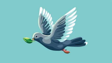 Pigeon carry green leaf. Flying bird cartoon icon Car