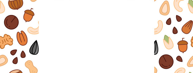 Banner with Nuts and Seeds. Empty space for text. Frame with nuts. Hand drawn vector illustration