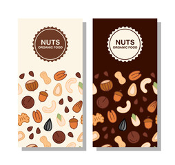 Vector nuts and seeds labels in modern style. Collection of vertical banners with Nuts. Template with space for text. Flyer, booklet advertising and design. Vector illustration in flat style