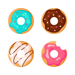 Donut icons set. Sweet bakery in hand drawn style. Donuts glazed dessert collection. Donuts with pink glaze and chocolate, colored glaze. Food icons set for packaging design