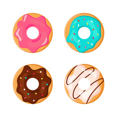 Cartoon donuts with different toppings. Doughnut pastry dessert food set. Top view delicious sweet desserts donut with chocolate glaze and sprinkles. Vector flat illustration