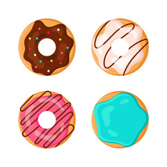 Set of Donuts with Glaze and Sprinkles. Collection of Sweet Pastries with Chocolate, Strawberry, Vanilla and Mint Glaze. Bright Donuts in Flat Style. Top View