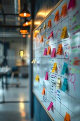 A Closeup on a goalsetting session, sticky notes outlining objectives on a whiteboard