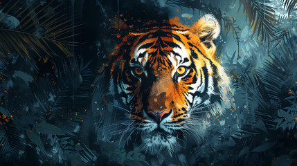 Poster featuring a close-up portrait of a tiger amidst dense tree foliage, rendered in digital art, capturing the tiger's intense gaze and majestic presence in vivid detail.