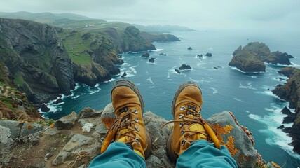 Person Relaxing With Feet Up on Cliff Overlooking Ocean - Powered by Adobe