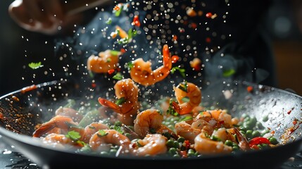 Chef tossing shrimp and vegetables in a pan, dynamic motion against a black background