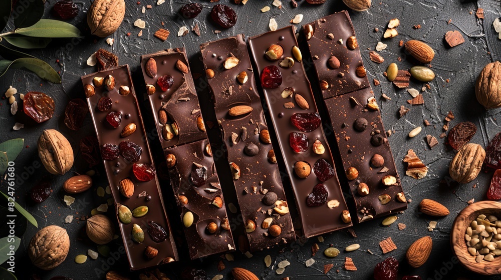 Poster rich chocolate bar studded with nuts and cranberries, showcasing high detail and textures. generativ