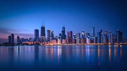 Obraz premium Stunning city skyline on water at twilight. Captivating night scene with glowing city lights. Perfect for urban and architectural themes. AI