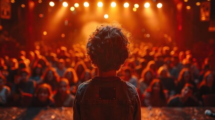 A ten year old child seen from behind on a stage while he or she is entertaining a crowd. The people in the crowd are grown ups and they are laughing a lot