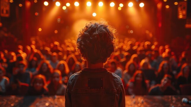 A ten year old child seen from behind on a stage while he or she is entertaining a crowd. The people in the crowd are grown ups and they are laughing a lot
