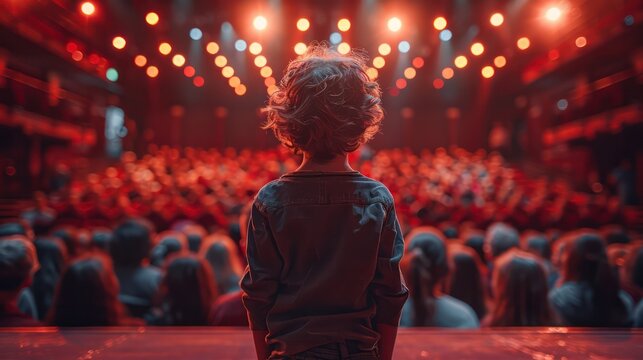 A ten year old child seen from behind on a stage while he or she is entertaining a crowd. The people in the crowd are grown ups and they are laughing a lot