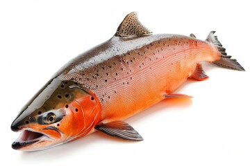 Fresh salmon fish with vivid colors on a white background, showcasing its natural beauty and texture, ideal for culinary and nature-related content.