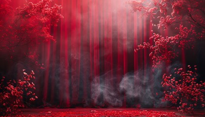 Dramatic red stage with smoke and flowers, creating a grand, festive atmosphere
