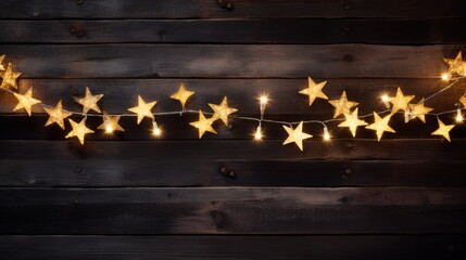 Vintage Christmas Decoration With Stars And Lights On Wooden Table. Garland of Stars on a Wooden Background