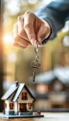 The real estate agent handed over the keys and a miniature house on table