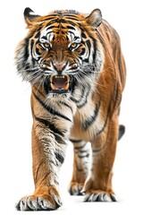 Fototapeta premium Fierce tiger prowling with a snarl, against a stark white background