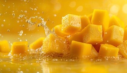 Fresh mango cubes splashing in juice, vibrant yellow background