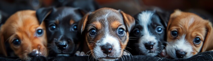 Group of adorable puppies with expressive eyes, closely packed together