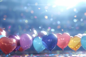 A vibrant 3D scene of heartshaped balloons floating against a soft pastel background, designed in a flat cartoon style, ideal for birthday celebration wallpapers
