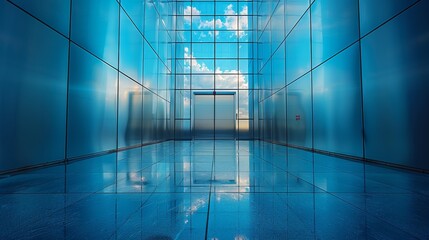 Clear blue sky and clouds reflect in the glass walls of a corridor, offering a sense of tranquility and spaciousness