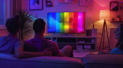 A small Pride flag on the TV stand highlights the family's inclusive spirit as they enjoy a movie together.