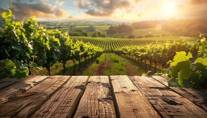 Rustic wooden table with a vineyard backdrop under a bright sun