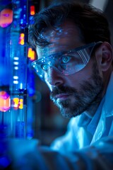 Obraz premium Scientist analyzing data in lab, blue screens, concentrated expression, modern equipment, closeup