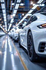 Sleek white cars lined up in a modern, brightly lit factory, clean and organized
