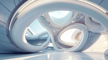 3D white circular building: Tech-inspired architecture, geometric wallpaper.