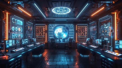Obraz premium Futuristic command center with holographic displays, advanced technology, and digital control systems in a high-tech environment.