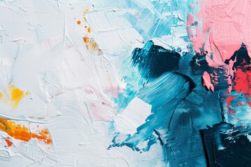 Energetic abstract painting featuring bold strokes of white, pink, and blue, with splashes of orange and yellow, creating a vibrant and textured work of modern art