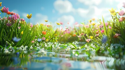 Spring blue sky grass flowers poster background