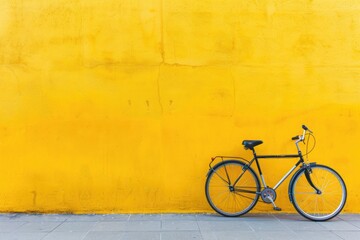 Naklejka premium Vintage yellow bicycle parked against an old brick wall in the city