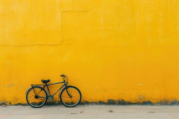 Vintage yellow bicycle parked against an old brick wall in the city