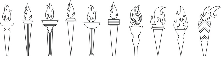Torch and flame icons set in flat, Burning torch, isolated on transparent background symbol of victory success or achievement Olympic burning torch in the Eiffel Tower World Games. vector for app web,