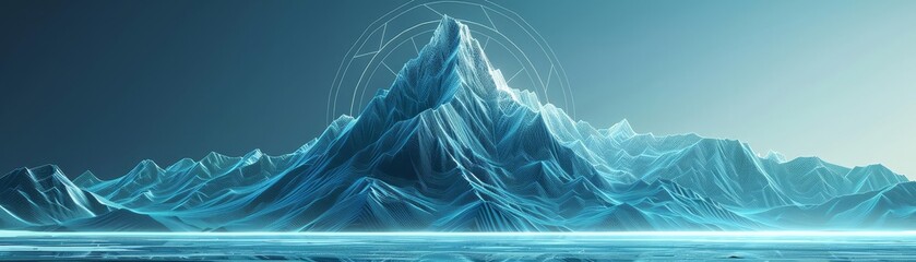 Futuristic goalsetting illustrated with a wireframe mountain and summit target, serene and beautifully crafted in shades of blue