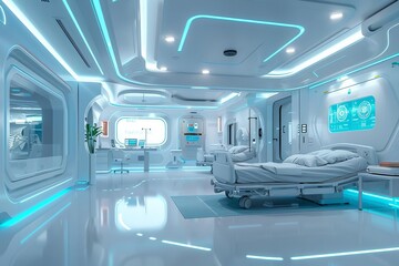 Fototapeta premium Futuristic high-tech hospital room with advanced medical equipment and modern design, showcasing a clean and sterile environment.