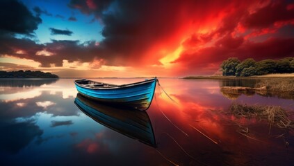 Crimson Horizons Solitude boat on the Waters red skies above.