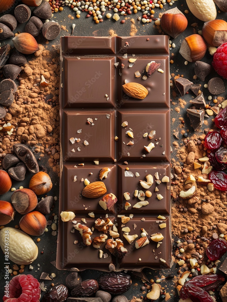 Aufkleber A bar of chocolate framed by an assortment of nuts and dried fruits, creating a delicious and textured display. Generative AI