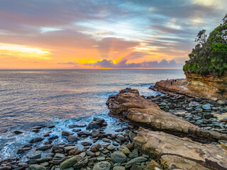 Aerial Sunrise Seascape Shrouded in Fog and High Clouds