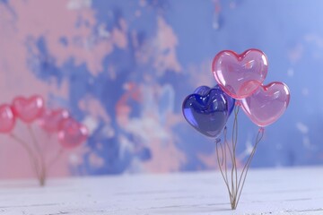 3d rendering. Pink and blue heart-shaped balloons on a blue background.