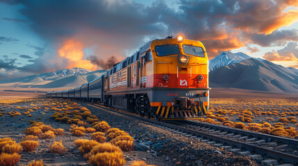 Powerful diesel locomotive and clear sky