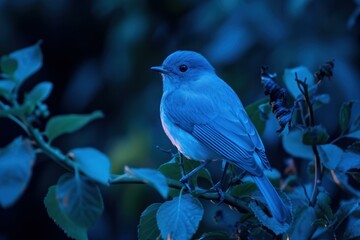 Tranquil blue bird perched on a branch, captured in the gentle light of twilight