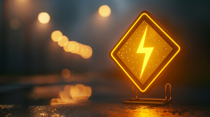 A glowing electric hazard warning sign stands out in the night, illuminated by warm ambient lighting and reflective surfaces.